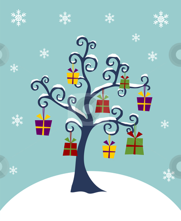 To use this stock image in your creative project, please select the size you need over to the right and click the "Add to Cart" button.
Your downloaded image will come with the Cutcaster watermark removed so don’t worry about the watermark you see on this page. Christmas Tree decorated with gifts stock photo, Christmas Tree with hanging gift boxes on a winter background. Vector illustration by Cienpies Design