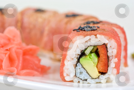 Fuji Sushi rolls Fuji Sushi rolls stock photo, Fuji Sushi rolls made of tuna, pepper, avocado, cucumber by olinchuk