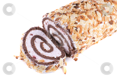 Nuts Swiss roll Nuts Swiss roll stock photo, Nuts Swiss roll closeup isolated on a white background by olinchuk
