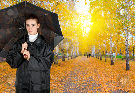 Umbrella Umbrella stock photo, pretty brunette girl at black coat under umbrella by olinchuk