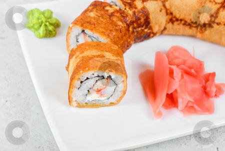 Omelette sushi Omelette sushi stock photo, Sushi - made of crab meat, cheese, omelette outside by olinchuk