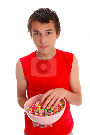 Boy with a bowl of candied popcorn Boy with a bowl of candied popcorn stock photo, A boy with colourful tasty popcorn in a large bowl. White background. by Leah-Anne Thompson
