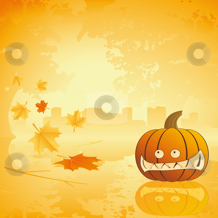 Halloween pumpkin with leafs and reflection Halloween pumpkin with leafs and reflection stock photo, Halloween pumpkin with leafs Abstract holiday background illustration by Vadym Nechyporenko