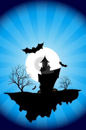 Halloween night Halloween night stock photo, Halloween night background with tree house moon bat and rays by Vadym Nechyporenko