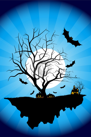 Halloween night Halloween night stock photo, Halloween night background with tree house moon bat and rays by Vadym Nechyporenko