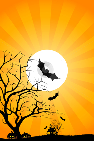 Halloween night Halloween night stock photo, Halloween night background with tree house moon bat and grass by Vadym Nechyporenko