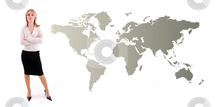 To use this stock image in your creative project, please select the size you need over to the right and click the "Add to Cart" button.
Your downloaded image will come with the Cutcaster watermark removed so don’t worry about the watermark you see on this page. Young business woman stock photo, Young business woman with world map background by sutike