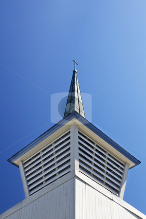 Chruch Steeple Oblique view Chruch Steeple Oblique view stock photo, An oblique view of the base and tip of a blue and white church steeple against a clear sky by bobkeenan