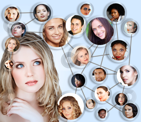 Social network media concept collage Social network media concept collage stock photo, beautiful caucasian young woman with social network collage concept of young peer friends men and women in their 20s by lubavnel