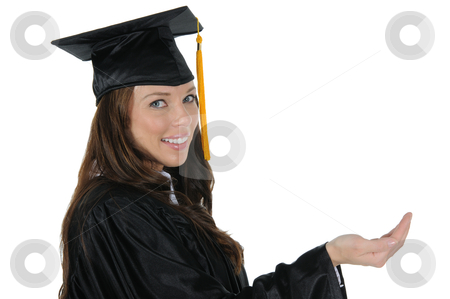 To use this stock image in your creative project, please select the size you need over to the right and click the "Add to Cart" button.
Your downloaded image will come with the Cutcaster watermark removed so don’t worry about the watermark you see on this page. Female Graduate 07 stock photo, A attractive woman graduate wearing a black cap and gown with gold tassel, holding out a open hand. Isolated on a solid white background. by Randall Reed