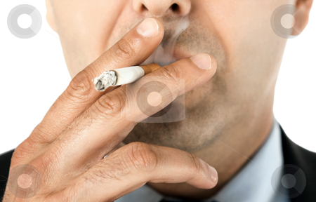 Smoker Smoker stock photo, Close-up of man face holding cigarette and smoking by vilevi