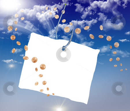 Fishhook with a white sheet of paper Fishhook with a white sheet of paper stock photo, Fishhook with a white sheet of paper for the label floating in the blue sky. Symbol of dangerous promises. by Sergey Nivens