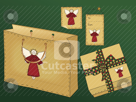 Primitive Folk Art Gift Set Primitive Folk Art Gift Set stock vector clipart, A useful collection of holiday gift icons including a gift bag with raffia handle, a gift box with a country gingham bow, and two different styles of tag. by Neeley Spotts