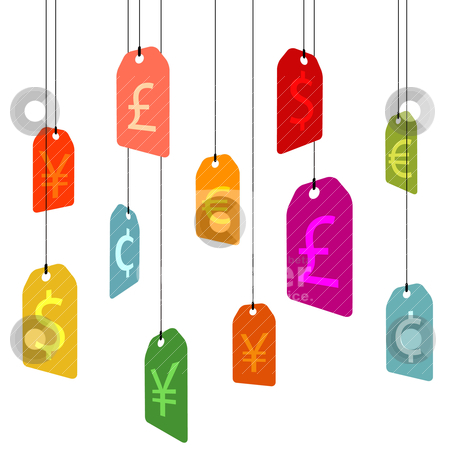 Hanging pricetags with currency signs Hanging pricetags with currency signs stock vector clipart, hanging pricetags with currency signs on white by alekup