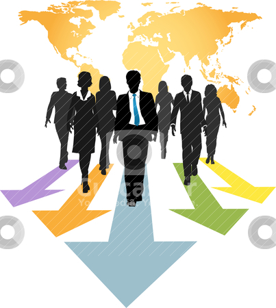 Global business people forward progress arrows Global business people forward progress arrows stock vector clipart, Group of global business people walk forward on progress arrows from a world map by Michael Brown