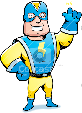 To use this stock image in your creative project, please select the size you need over to the right and click the "Add to Cart" button.
Your downloaded image will come with the Cutcaster watermark removed so don’t worry about the watermark you see on this page. Electric Superhero stock vector clipart, A happy cartoon superhero with electric powers. by cthoman