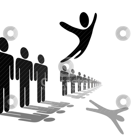 To use this stock image in your creative project, please select the size you need over to the right and click the "Add to Cart" button.
Your downloaded image will come with the Cutcaster watermark removed so don’t worry about the watermark you see on this page. Symbol Person Leaps Out of Line Soars Above People stock vector clipart, A symbol person out from the crowd and flies above a line of people. Jump for joy, escape, or celebration. by Michael Brown