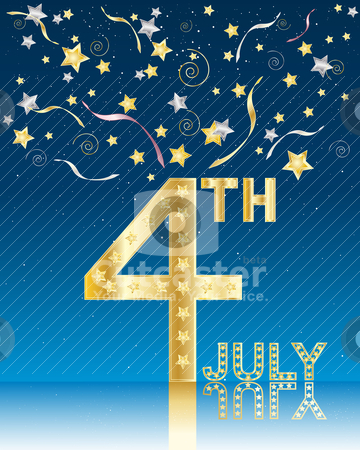 To use this stock image in your creative project, please select the size you need over to the right and click the "Add to Cart" button.
Your downloaded image will come with the Cutcaster watermark removed so don’t worry about the watermark you see on this page. July fourth celebration stock vector clipart, an illustration of a july fourth celebration with gold and silver stars streamers and a number four reflected in water by Mike Smith