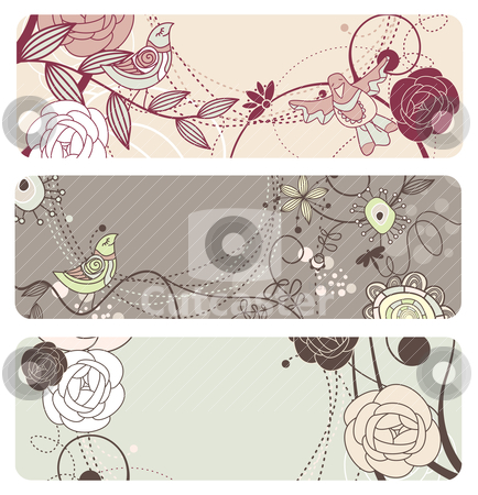 Cute vector floral banners Cute vector floral banners stock vector clipart, cute vector floral banners with funny birds by SelenaMay