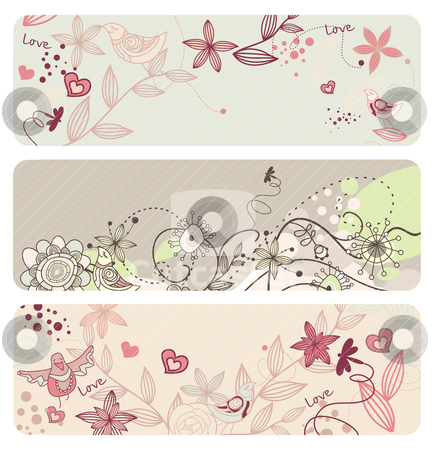 To use this stock image in your creative project, please select the size you need over to the right and click the "Add to Cart" button.
Your downloaded image will come with the Cutcaster watermark removed so don’t worry about the watermark you see on this page. Cute vector floral banners stock vector clipart, cute vector floral banners with funny birds by SelenaMay