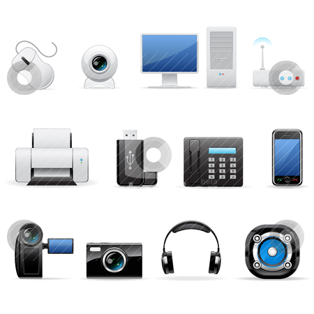 To use this stock image in your creative project, please select the size you need over to the right and click the "Add to Cart" button.
Your downloaded image will come with the Cutcaster watermark removed so don’t worry about the watermark you see on this page. Computers and electronics icons stock vector clipart, Vector illustration of computers and electronics icons by Vladimir Gladcov