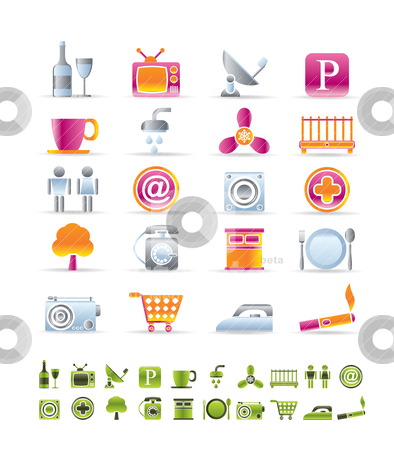 Hotel and Motel objects icons Hotel and Motel objects icons stock vector clipart, Hotel and Motel objects icons - vector icon sets by Stoyan Haytov