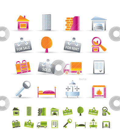 To use this stock image in your creative project, please select the size you need over to the right and click the "Add to Cart" button.
Your downloaded image will come with the Cutcaster watermark removed so don’t worry about the watermark you see on this page. Realistic Real Estate icons stock vector clipart, Realistic Real Estate icons - Vector Icon Set by Stoyan Haytov