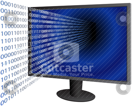 To use this stock image in your creative project, please select the size you need over to the right and click the "Add to Cart" button.
Your downloaded image will come with the Cutcaster watermark removed so don’t worry about the watermark you see on this page. Binary coming through LCD screen stock vector clipart, 3D vector illustration of digital code coming through computer flat screen display by Sauromatum Design