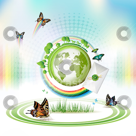 To use this stock image in your creative project, please select the size you need over to the right and click the "Add to Cart" button.
Your downloaded image will come with the Cutcaster watermark removed so don’t worry about the watermark you see on this page. Green Earth stock vector clipart, Green Earth with butterflies and envelope over sky background by Merlinul