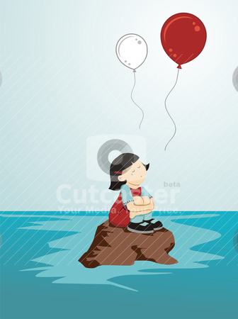 Crying girl for Japan Crying girl for Japan stock vector clipart, Girl crying sitting on a rock while loose balloons in the colors of Japan by Cienpies Design