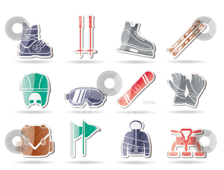 Ski and snowboard equipment icons Ski and snowboard equipment icons stock vector clipart, ski and snowboard equipment icons - vector icon set by Stoyan Haytov