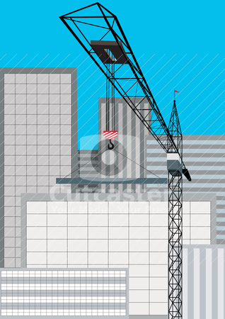 Building Building stock vector clipart, Construction of new housing. Tower crane lifts the load. by Sergey Skryl
