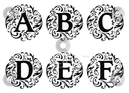 To use this stock image in your creative project, please select the size you need over to the right and click the "Add to Cart" button.
Your downloaded image will come with the Cutcaster watermark removed so don’t worry about the watermark you see on this page. Alphabet Ornament Design A to F stock vector clipart, Vector illustration of alphabet letters with ornaments isolated on a white background by Karima Lakhdar