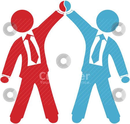 Business people celebrate deal agreement success Business people celebrate deal agreement success stock vector clipart, Business people celebration of collaboration deal agreement merger or partnership success by Michael Brown