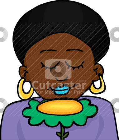 To use this stock image in your creative project, please select the size you need over to the right and click the "Add to Cart" button.
Your downloaded image will come with the Cutcaster watermark removed so don’t worry about the watermark you see on this page. Pretty Woman Smells a Flower stock vector clipart, Beautiful Black-skinned woman with natural afro hairdo smells a big yellow flower by Eric Basir