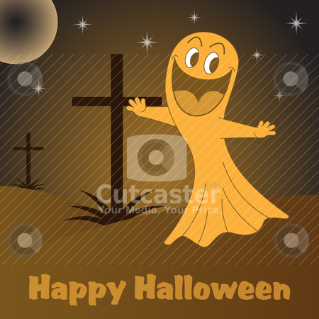 Halloween ghost cartoon Halloween ghost cartoon stock vector clipart, Halloween ghost cartoon character in a graveyard with crosses at night. by toots77