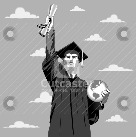 To use this stock image in your creative project, please select the size you need over to the right and click the "Add to Cart" button.
Your downloaded image will come with the Cutcaster watermark removed so don’t worry about the watermark you see on this page. Graduation Boy stock vector clipart, Vector illustration of a young man reaching for the sky with his certificate. by Basheera Hassanali