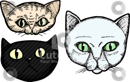 Three Cat Heads Three Cat Heads stock vector clipart, Three hand-drawn cat head portrait illustrations isolated on a white background by Eric Basir