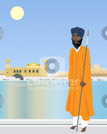 Holy pool Holy pool stock vector clipart, an illustration of a sikh temple guard in front of a holy pool with temple and buildings under a hot blue sky by Mike Smith