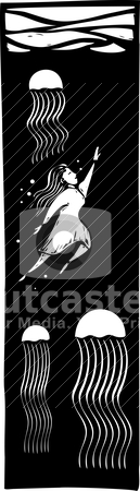 To use this stock image in your creative project, please select the size you need over to the right and click the "Add to Cart" button.
Your downloaded image will come with the Cutcaster watermark removed so don’t worry about the watermark you see on this page. Jellyfish Swim stock vector clipart, Girl swimming underwater towards the surface with jellyfish by Jeffrey Thompson