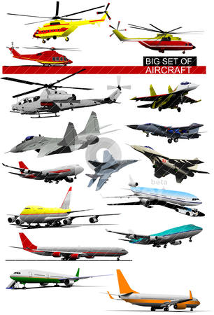 To use this stock image in your creative project, please select the size you need over to the right and click the "Add to Cart" button.
Your downloaded image will come with the Cutcaster watermark removed so don’t worry about the watermark you see on this page. Big set of aircraft. Vector illustration stock vector clipart, Big set of aircraft. Vector illustration by Leonid Dorfman