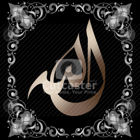 To use this stock image in your creative project, please select the size you need over to the right and click the "Add to Cart" button.
Your downloaded image will come with the Cutcaster watermark removed so don’t worry about the watermark you see on this page. Arabic_Calligraphy_in_Oriental_Frame stock vector clipart, Beautiful Allah calligraphy in golden tones surrounded by silver ornaments by HypnoCreative