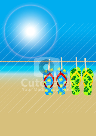 To use this stock image in your creative project, please select the size you need over to the right and click the "Add to Cart" button.
Your downloaded image will come with the Cutcaster watermark removed so don’t worry about the watermark you see on this page. Summer Beach stock vector clipart, Summer Beach - Hanging Flip-Flops on Empty Sandy Beach by JAMDesign