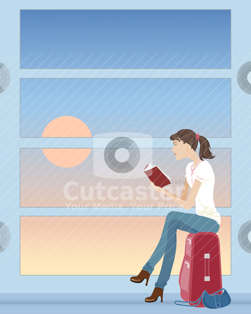 To use this stock image in your creative project, please select the size you need over to the right and click the "Add to Cart" button.
Your downloaded image will come with the Cutcaster watermark removed so don’t worry about the watermark you see on this page. Waiting for a plane stock vector clipart, an illustration of a woman sat on a suitcase reading a book waiting at an airport by Mike Smith