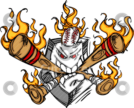 Softball Baseball Plate and Bats Flaming Cartoon Logo Softball Baseball Plate and Bats Flaming Cartoon Logo stock vector clipart, Cartoon Image of Flaming Baseball Bats and Home Plate with Baseball by chromaco