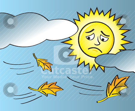Sad Sun End of Summer Sad Sun End of Summer stock vector clipart, The onset of fall with leaves blowing in the wind as a sad sun looks on through the clouds. by Jamie Slavy