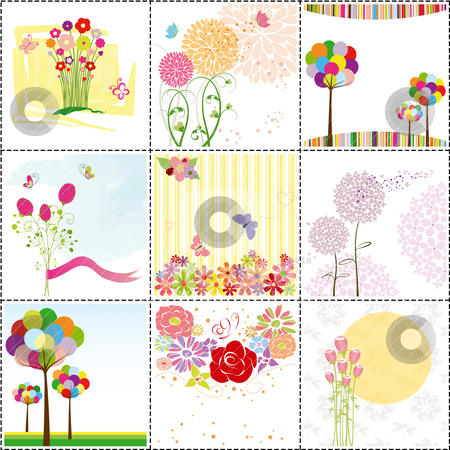 To use this stock image in your creative project, please select the size you need over to the right and click the "Add to Cart" button.
Your downloaded image will come with the Cutcaster watermark removed so don’t worry about the watermark you see on this page. Set of colorful flower greeting card stock vector clipart, set of colorful flowers,butterfly,ladybird greeting card by meikis