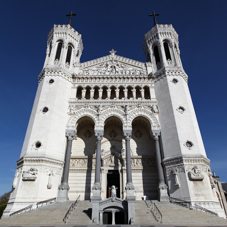 To use this stock image in your creative project, please select the size you need over to the right and click the "Add to Cart" button.
Your downloaded image will come with the Cutcaster watermark removed so don’t worry about the watermark you see on this page. front cathedral stock photo, The Fourviere Church in Lyon city and blue sky by vwalakte