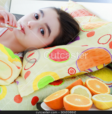 To use this stock image in your creative project, please select the size you need over to the right and click the "Add to Cart" button.
Your downloaded image will come with the Cutcaster watermark removed so don’t worry about the watermark you see on this page. Sick little girl with a thermometer in bed stock photo, Sick little 7 years old girl with a thermometer in bed by manaemedia