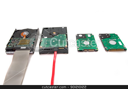 To use this stock image in your creative project, please select the size you need over to the right and click the "Add to Cart" button.
Your downloaded image will come with the Cutcaster watermark removed so don’t worry about the watermark you see on this page. Computer Data Hard Drives stock photo, Different types of hard drives desktop and laptop Sata and PATA hard drives with cables by Jack Schiffer